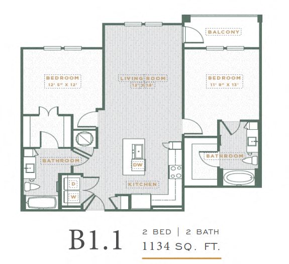 Floor plan for 2 beds, 2 baths, 1134 sqft
